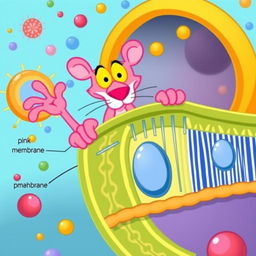 A vibrant and playful illustration of a cell membrane, prominently featuring the Pink Panther character