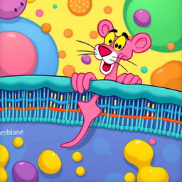 A vibrant and playful illustration of a cell membrane, prominently featuring the Pink Panther character