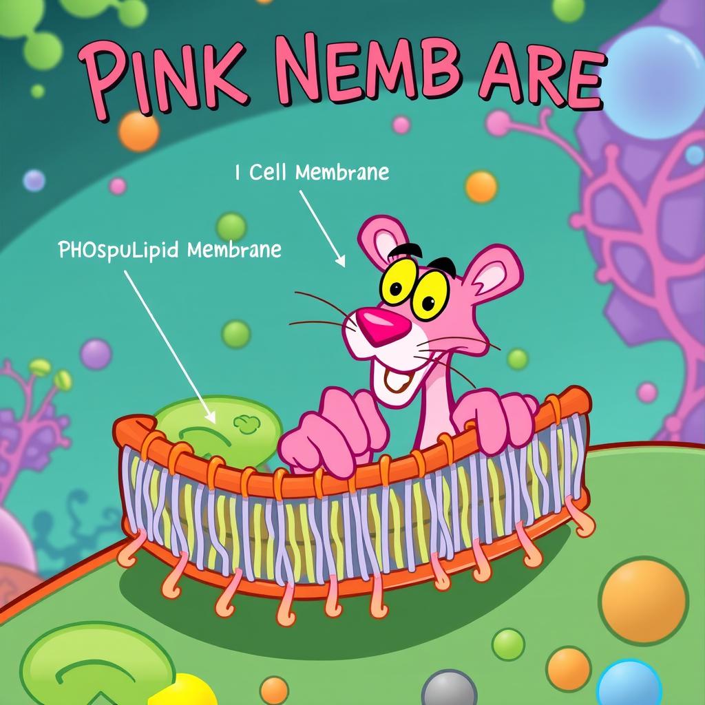 A vibrant and playful illustration of a cell membrane, prominently featuring the Pink Panther character