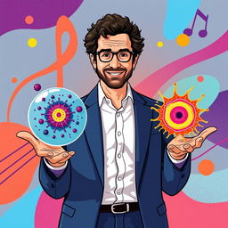 A creative illustration of Gustavo Cerati holding visual representations of phagocytosis and pinocytosis