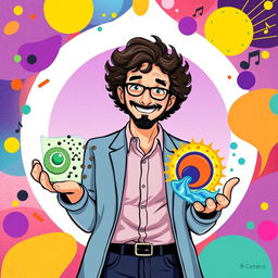 A creative illustration of Gustavo Cerati holding visual representations of phagocytosis and pinocytosis