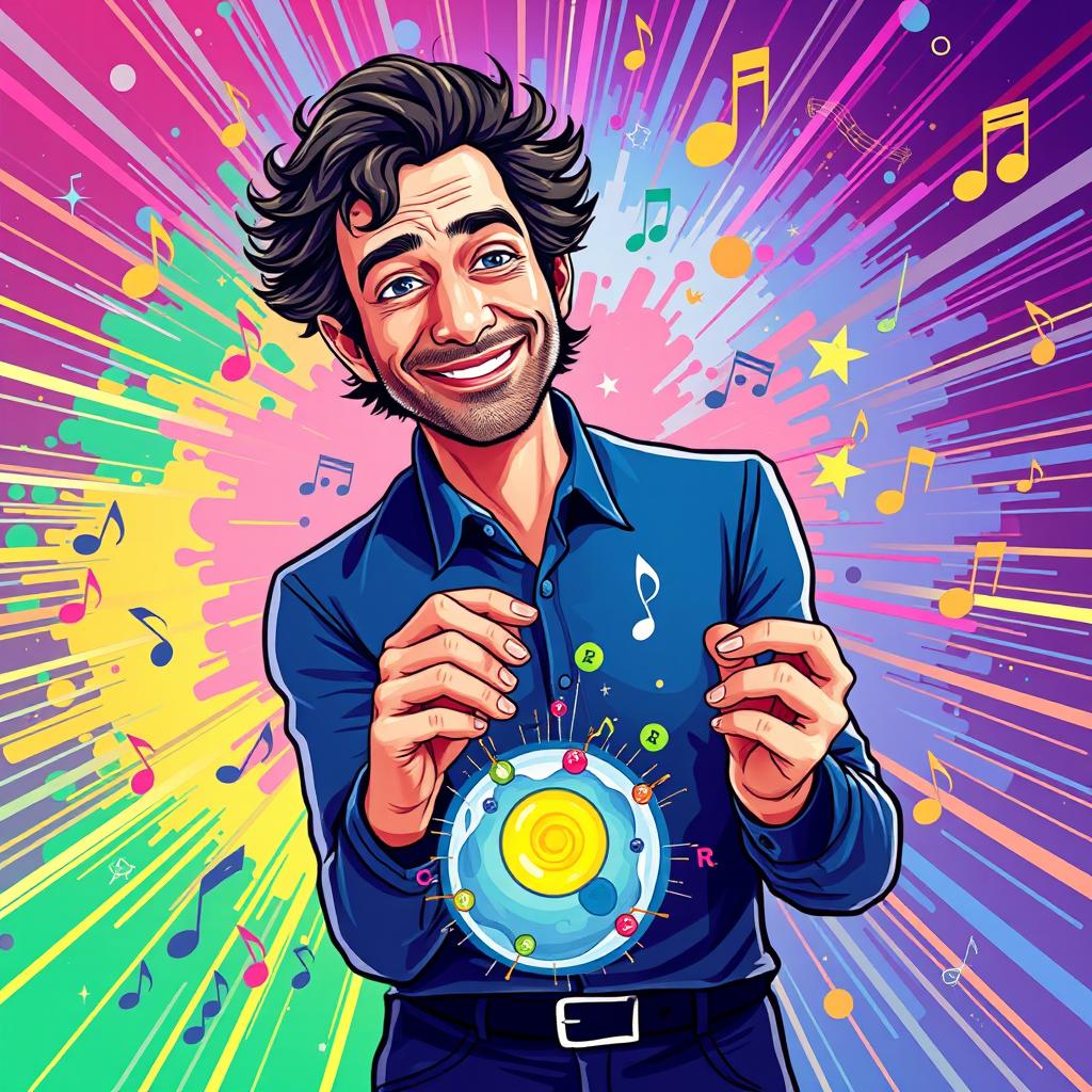 A vibrant and imaginative illustration of Gustavo Cerati holding a visual representation of exocytosis