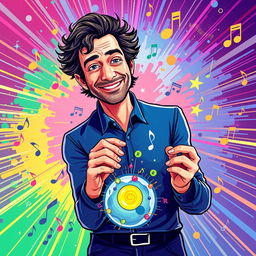 A vibrant and imaginative illustration of Gustavo Cerati holding a visual representation of exocytosis