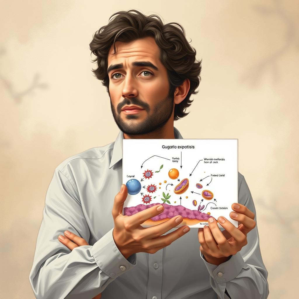 A realistic illustration of Gustavo Cerati holding a static representation of exocytosis