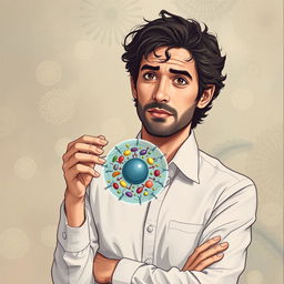 A realistic illustration of Gustavo Cerati holding a static representation of exocytosis