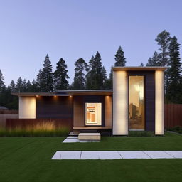 Design of an 18x40 house with a modern architectural style, natural light-filled rooms and spacious backyard.