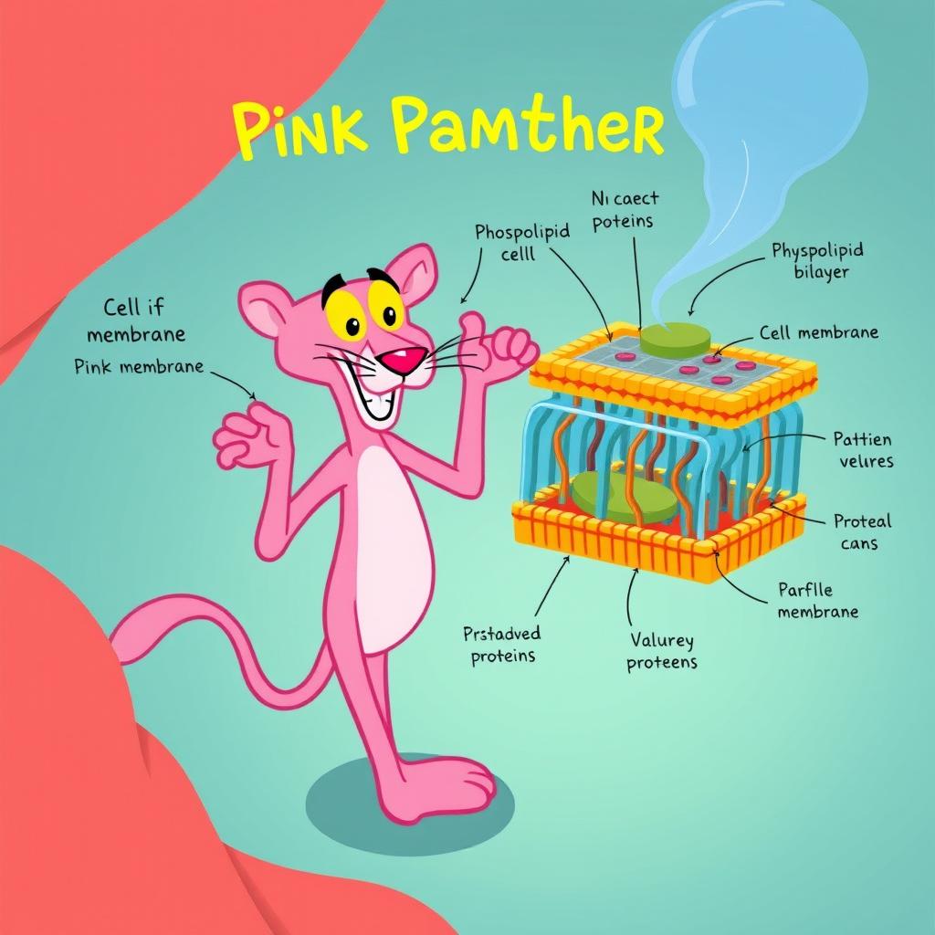 An engaging illustration featuring the Pink Panther character alongside a detailed representation of a cell membrane