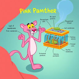 An engaging illustration featuring the Pink Panther character alongside a detailed representation of a cell membrane