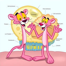 An engaging illustration featuring the Pink Panther character alongside a detailed representation of a cell membrane