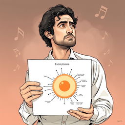 A detailed illustration of Gustavo Cerati holding a static representation of exocytosis