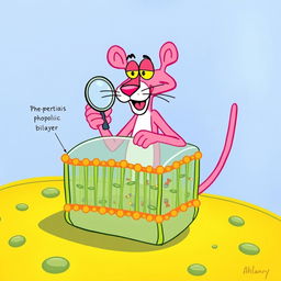 A lively and whimsical illustration of a cell membrane featuring the Pink Panther character