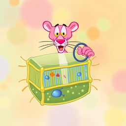 A lively and whimsical illustration of a cell membrane featuring the Pink Panther character