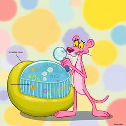 A lively and whimsical illustration of a cell membrane featuring the Pink Panther character