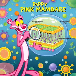 An entertaining and vibrant illustration of a cell membrane featuring the Pink Panther character