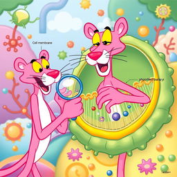 An entertaining and vibrant illustration of a cell membrane featuring the Pink Panther character