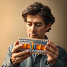 A realistic portrait of Gustavo Cerati with a fuller head of hair, holding a detailed representation of a cellular membrane showcasing active transport