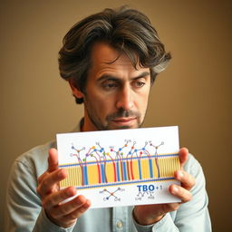 A realistic portrait of Gustavo Cerati with a fuller head of hair, holding a detailed representation of a cellular membrane showcasing active transport