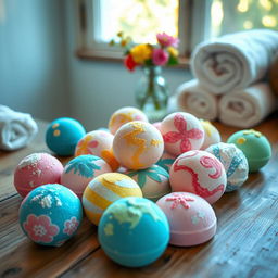 A beautifully arranged scene featuring several colorful bath bombs scattered artistically across a rustic wooden table