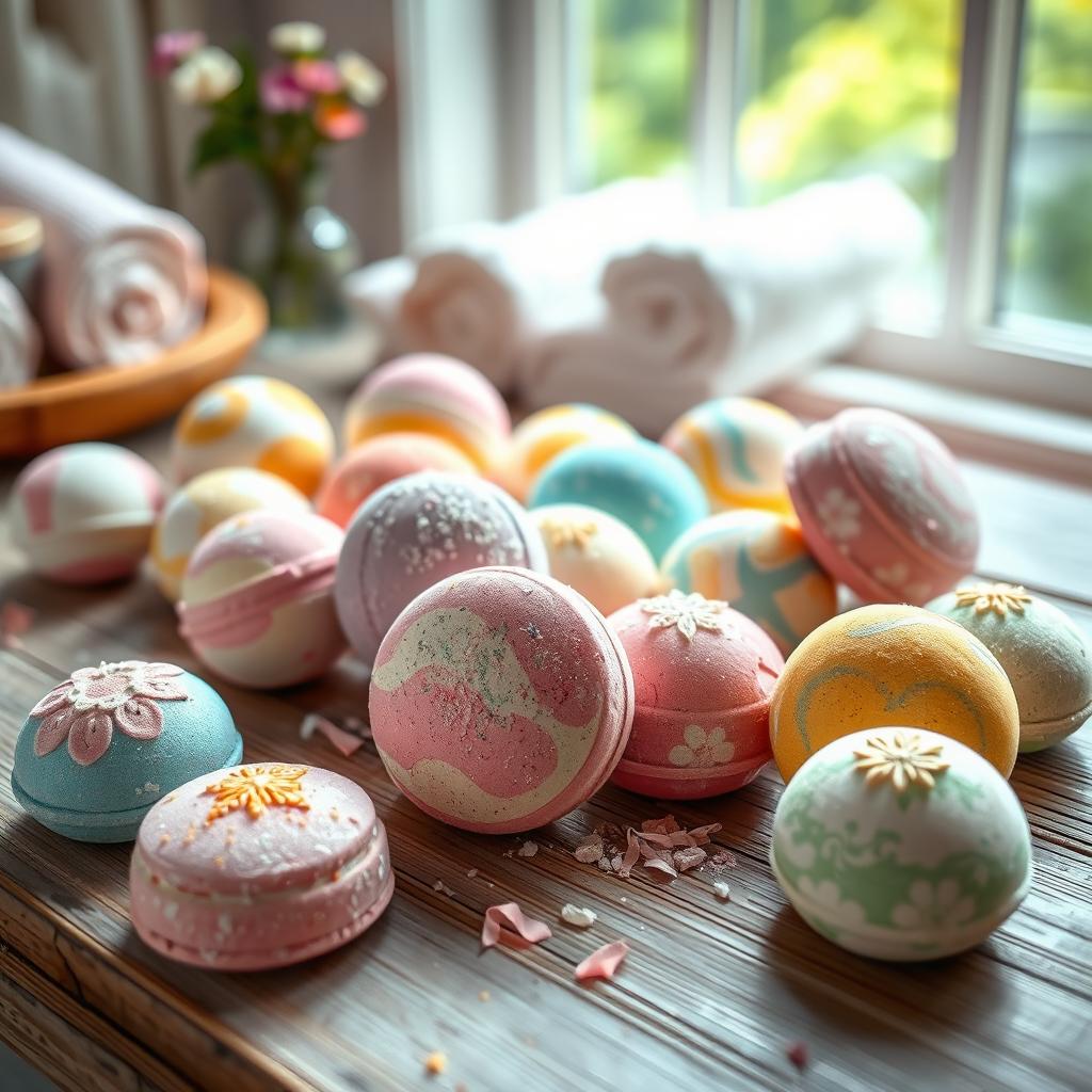 A beautifully arranged scene featuring several colorful bath bombs scattered artistically across a rustic wooden table