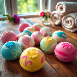 A beautifully arranged scene featuring several colorful bath bombs scattered artistically across a rustic wooden table