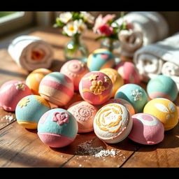 A beautifully arranged scene featuring several colorful bath bombs scattered artistically across a rustic wooden table