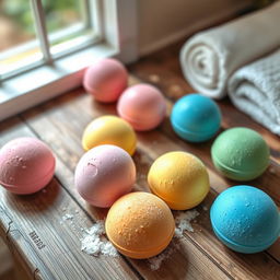 A beautifully arranged scene featuring several single-colored bath bombs scattered artistically across a rustic wooden table