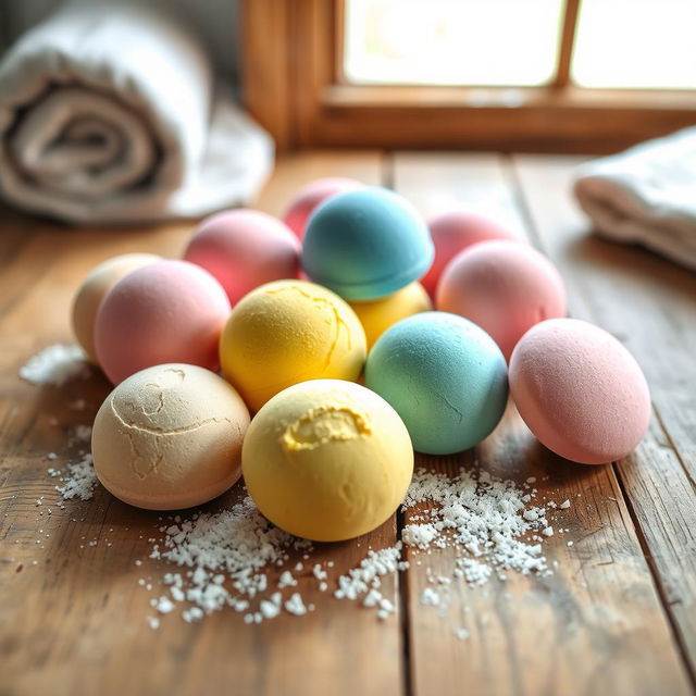 A beautifully arranged scene featuring several single-colored bath bombs scattered artistically across a rustic wooden table