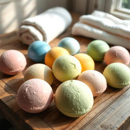 A beautifully arranged scene featuring several single-colored bath bombs scattered artistically across a rustic wooden table