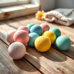 A beautifully arranged scene featuring several single-colored bath bombs scattered artistically across a rustic wooden table