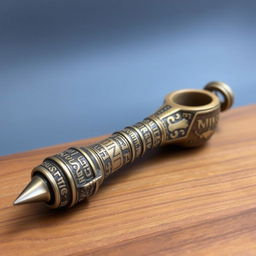 A detailed, ornate smoking pipe featuring intricate runic inscriptions along its surface