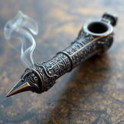 A detailed, ornate smoking pipe featuring intricate runic inscriptions along its surface