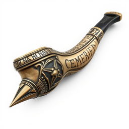 A detailed, ornate smoking pipe featuring intricate runic inscriptions along its surface