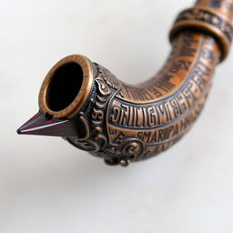 A detailed, ornate smoking pipe featuring intricate runic inscriptions along its surface