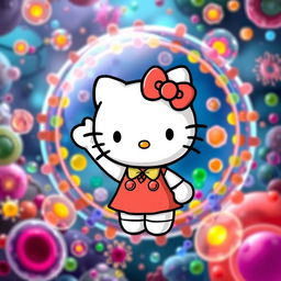 Hello Kitty cheerfully waving at a vibrant cell membrane, with colorful lipids and proteins visible