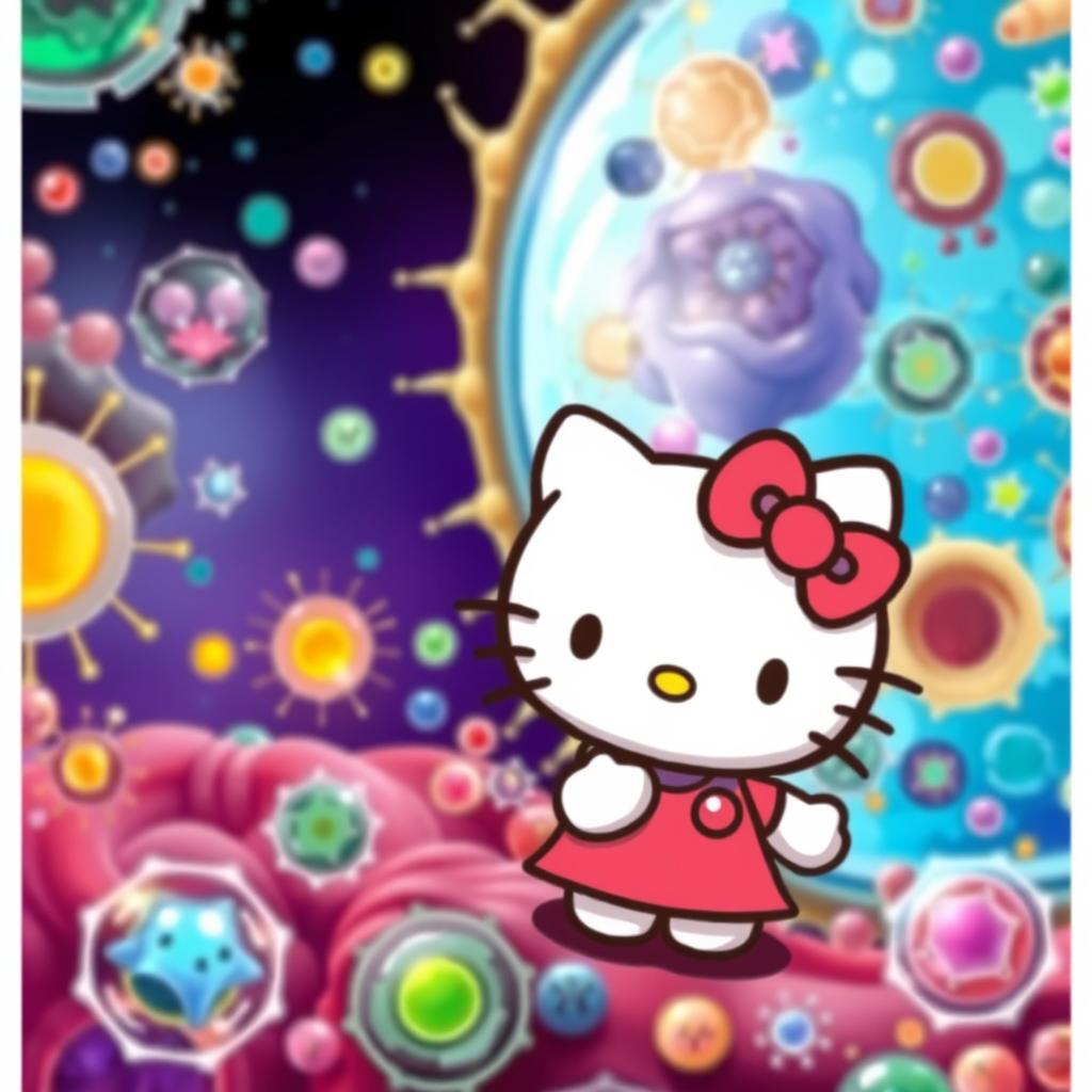 Hello Kitty cheerfully waving at a vibrant cell membrane, with colorful lipids and proteins visible