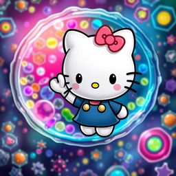 Hello Kitty cheerfully waving at a vibrant cell membrane, with colorful lipids and proteins visible