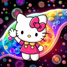 Hello Kitty cheerfully waving at a vibrant cell membrane, with colorful lipids and proteins visible