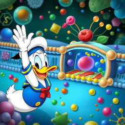 Donald Duck happily waving at a detailed depiction of a cell membrane structure, showcasing colorful phospholipid bilayers, proteins, and various cellular components