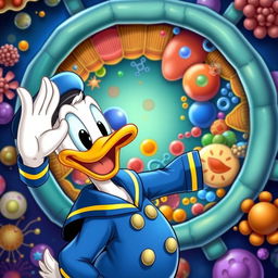 Donald Duck happily waving at a detailed depiction of a cell membrane structure, showcasing colorful phospholipid bilayers, proteins, and various cellular components