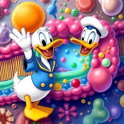 Donald Duck happily waving at a detailed depiction of a cell membrane structure, showcasing colorful phospholipid bilayers, proteins, and various cellular components