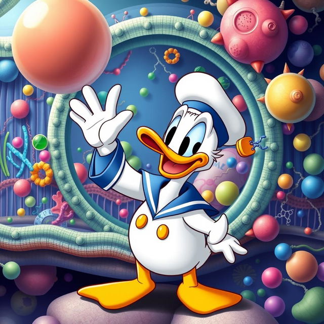 Donald Duck happily waving at a detailed depiction of a cell membrane structure, showcasing colorful phospholipid bilayers, proteins, and various cellular components