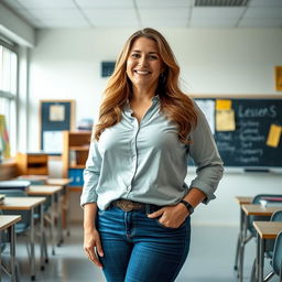 A mature, confident BBW teacher standing confidently in a modern classroom, showcasing her beauty with elegance