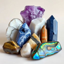 An elegantly arranged display of several different crystal stones including Amethyst, Howlite, Sodalite, Bumble Bee Jasper, and Labradorite