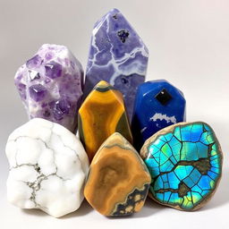 An elegantly arranged display of several different crystal stones including Amethyst, Howlite, Sodalite, Bumble Bee Jasper, and Labradorite