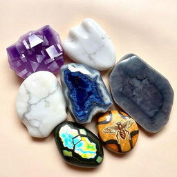 An elegantly arranged display of several different crystal stones including Amethyst, Howlite, Sodalite, Bumble Bee Jasper, and Labradorite