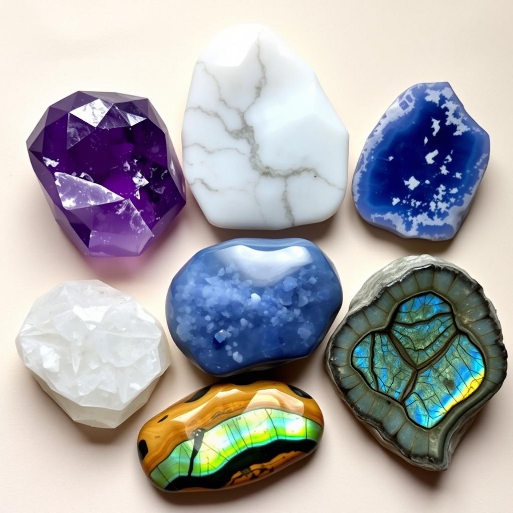 An elegantly arranged display of several different crystal stones including Amethyst, Howlite, Sodalite, Bumble Bee Jasper, and Labradorite