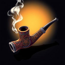 An intricately designed smoking pipe featuring mystical runic inscriptions along its body, complemented by a sharp, elegantly styled mouthpiece