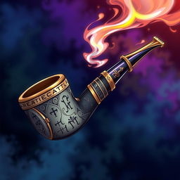 An intricately designed smoking pipe featuring mystical runic inscriptions along its body, complemented by a sharp, elegantly styled mouthpiece