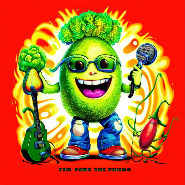 A humorous album cover featuring an anthropomorphic avocado as the lead singer of 'The Guac Stars', with a tomato on guitar and chili pepper on drums against a psychedelic background.