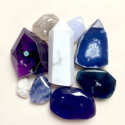 An artfully arranged display of various crystal stones including Amethyst, Howlite, and Sodalite